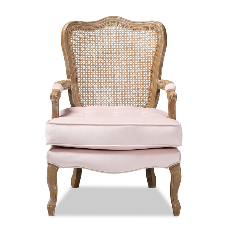 Bowery Hill Velvet Fabric and Oak Wood Accent Chair in Light Pink