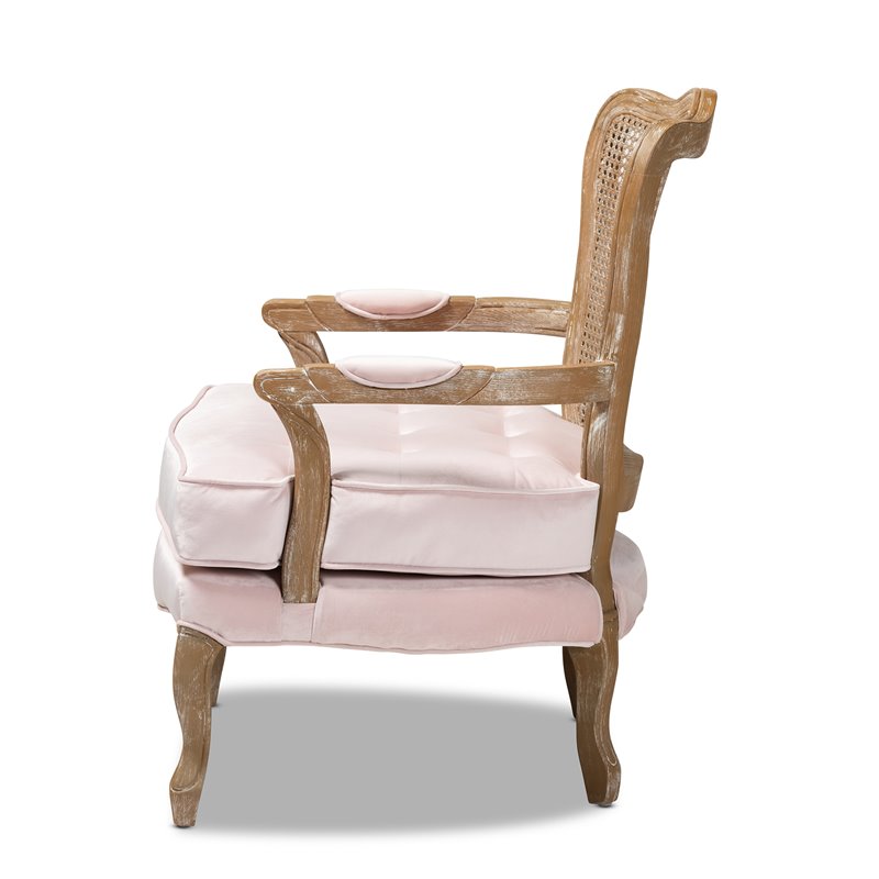Bowery Hill Velvet Fabric and Oak Wood Accent Chair in Light Pink