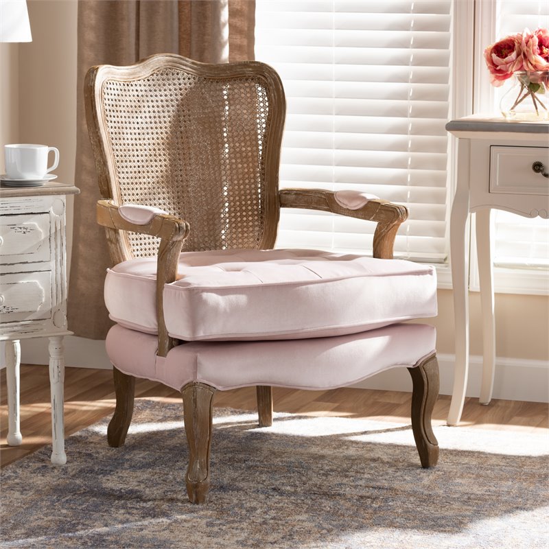 Bowery Hill Velvet Fabric and Oak Wood Accent Chair in Light Pink