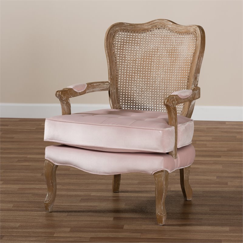 Bowery Hill Velvet Fabric and Oak Wood Accent Chair in Light Pink