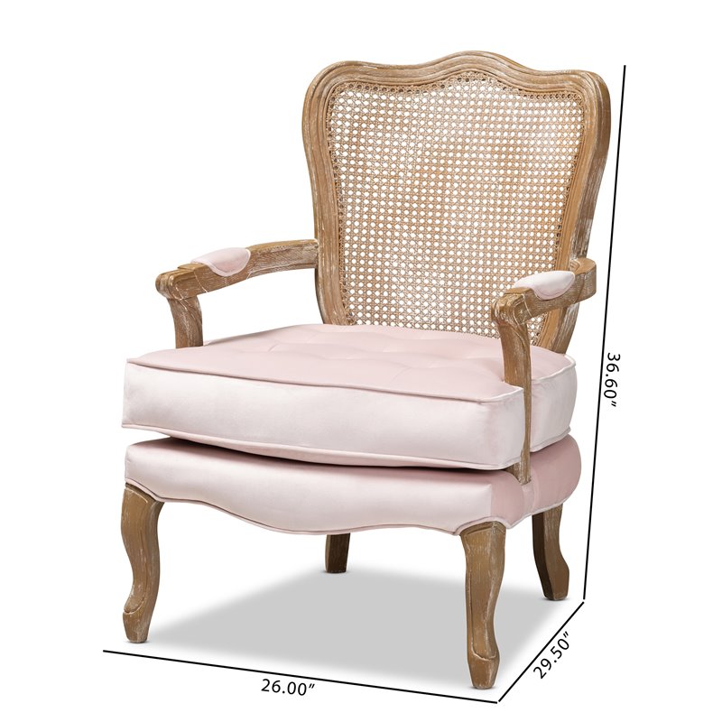 Bowery Hill Velvet Fabric and Oak Wood Accent Chair in Light Pink