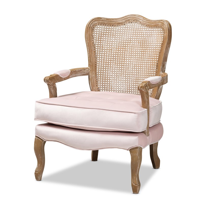 Bowery Hill Velvet Fabric and Oak Wood Accent Chair in Light Pink