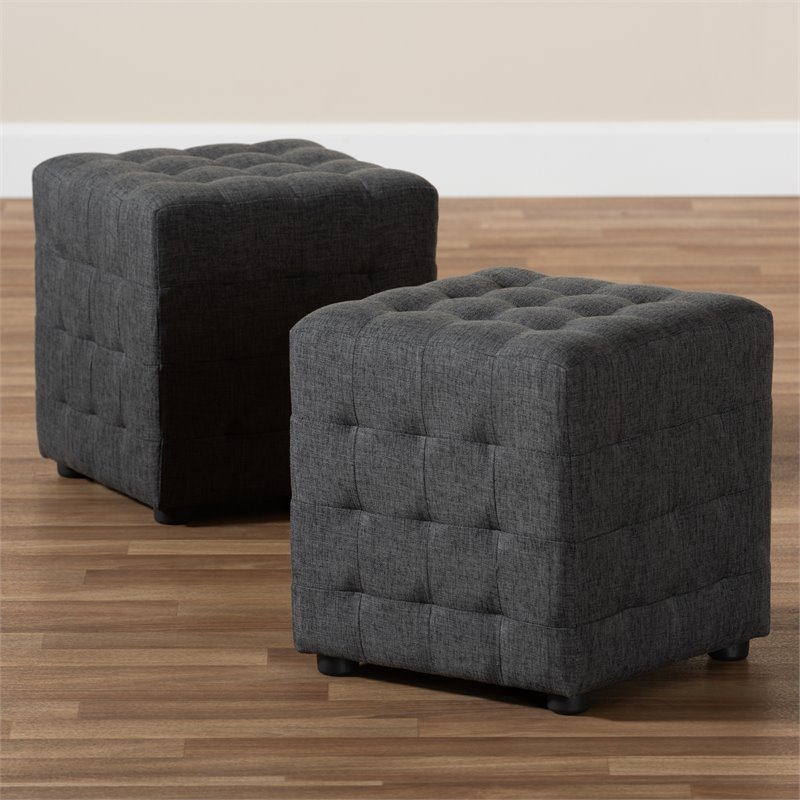 Bowery Hill Upholstered Wood Cube Ottoman in Dark Gray - Set of 2