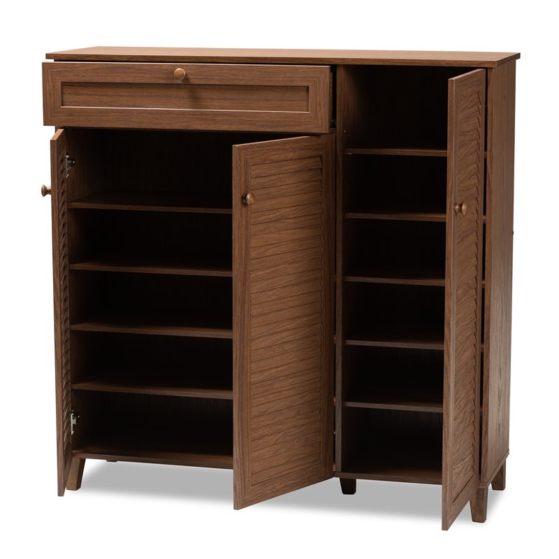 Bowery Hill Wood 11-Shelf and Drawer Shoe Cabinet in Walnut Brown