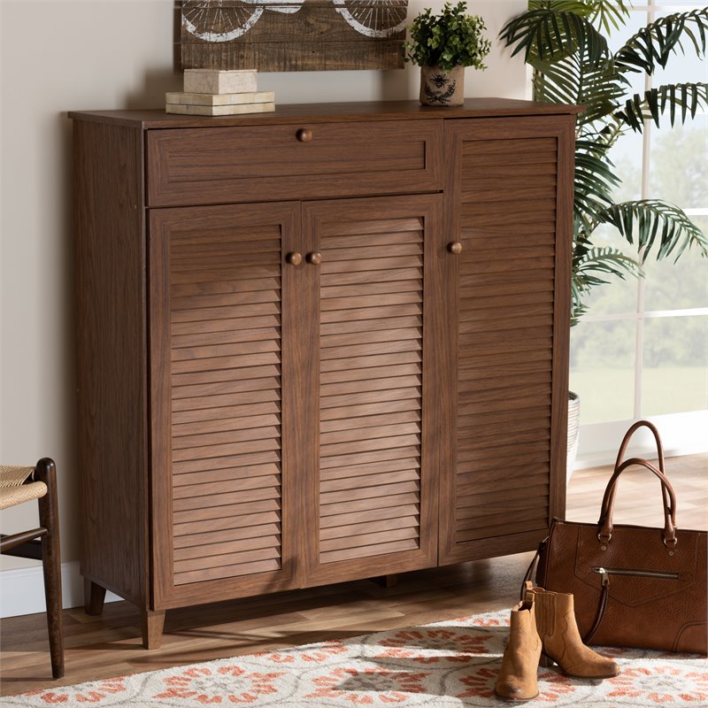 Bowery Hill Wood 11-Shelf and Drawer Shoe Cabinet in Walnut Brown