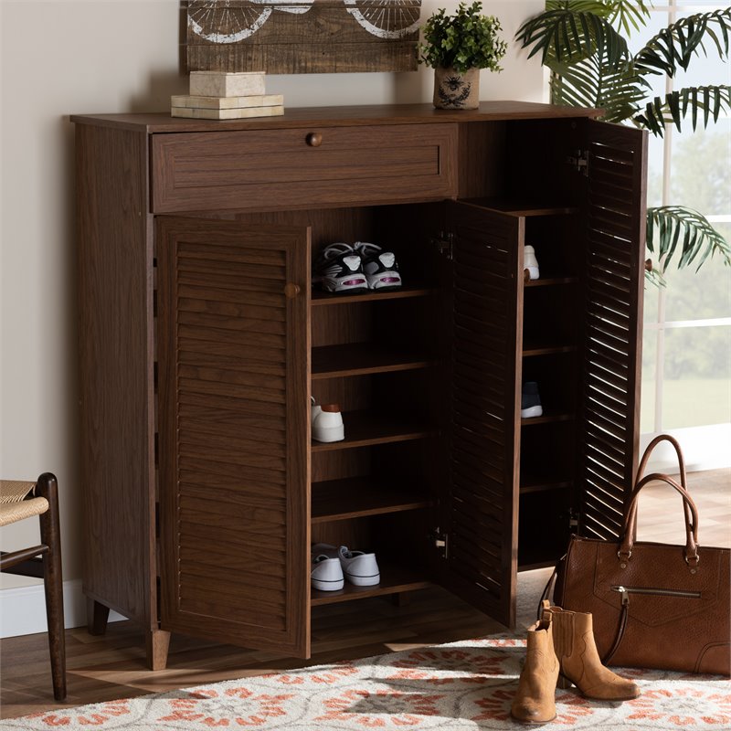 Bowery Hill Wood 11-Shelf and Drawer Shoe Cabinet in Walnut Brown