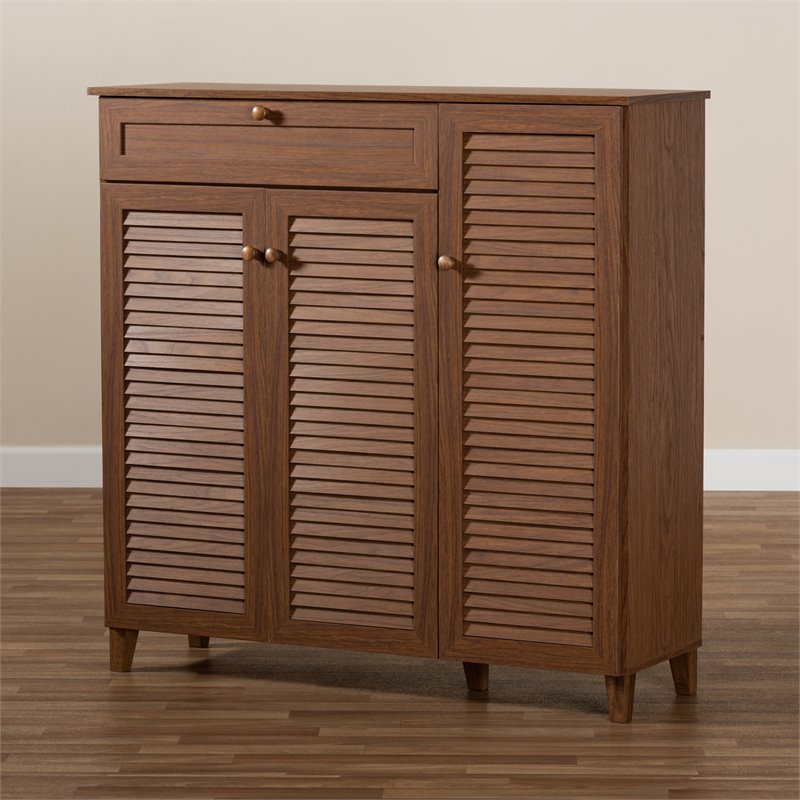 Bowery Hill Wood 11-Shelf and Drawer Shoe Cabinet in Walnut Brown