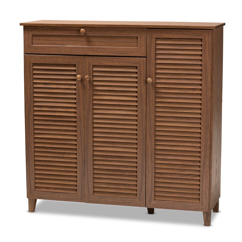 Bowery Hill Wood 11-Shelf and Drawer Shoe Cabinet in Walnut Brown
