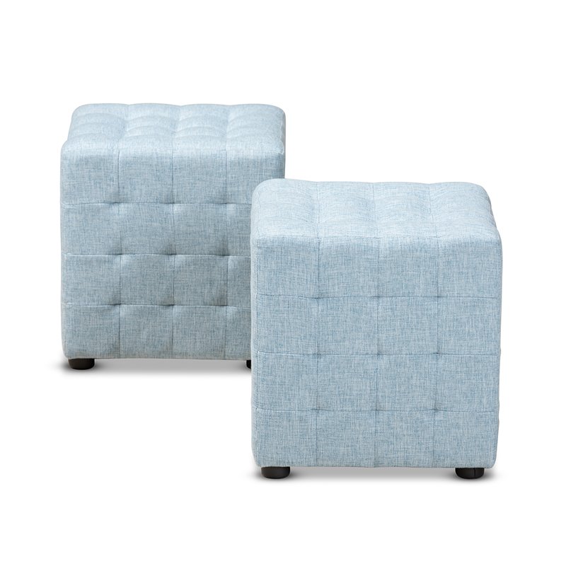 Bowery Hill Upholstered Wood Cube Ottoman in Light Blue - Set of 2