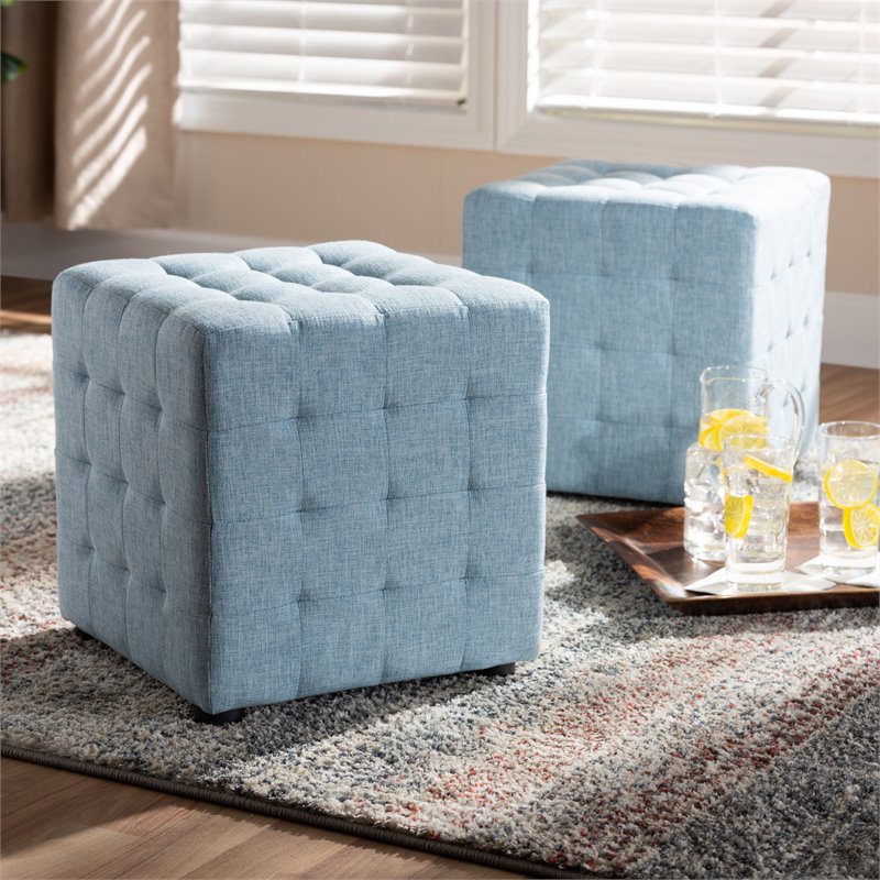 Bowery Hill Upholstered Wood Cube Ottoman in Light Blue - Set of 2