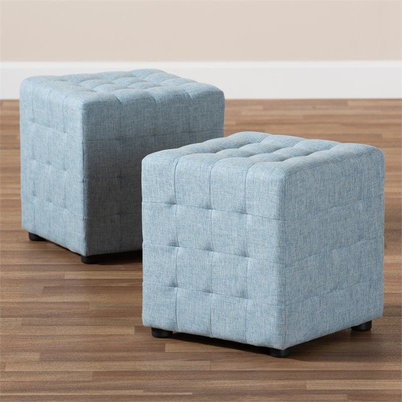 Bowery Hill Upholstered Wood Cube Ottoman in Light Blue - Set of 2
