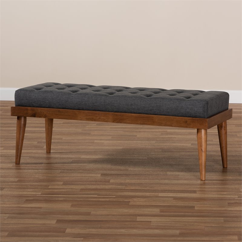 Bowery Hill Mid-Century Upholstered Tufted Wood bench in Dark Gray