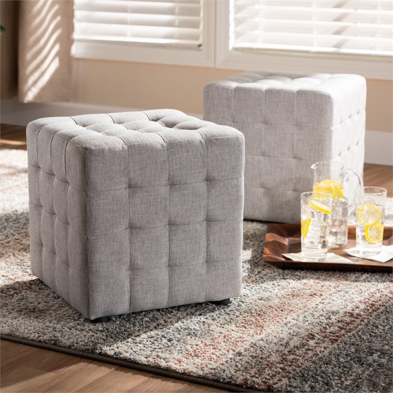 Bowery Hill Upholstered Wood Cube Ottoman in Gray Beige - Set of 2