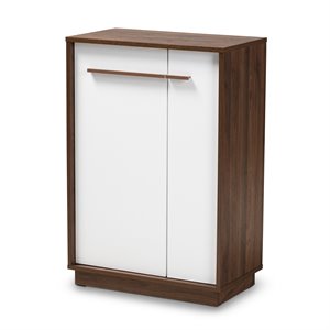 bowery hill mid-century mette wood shoe cabinet in white and walnut