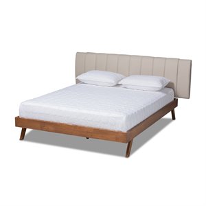 Bowery Hill Upholstered Platform Queen Bed in Light Beige and Walnut