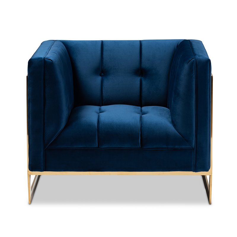 Bowery Hill Velvet Fabric with Gold Finish Accent Chair in Royal Blue