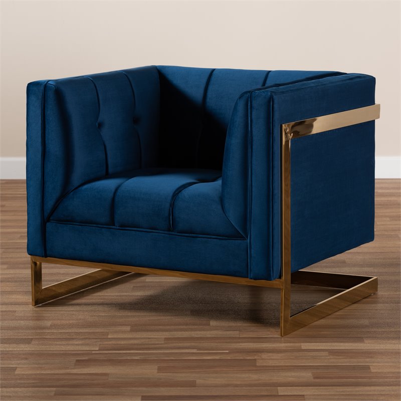 Bowery Hill Velvet Fabric with Gold Finish Accent Chair in Royal Blue