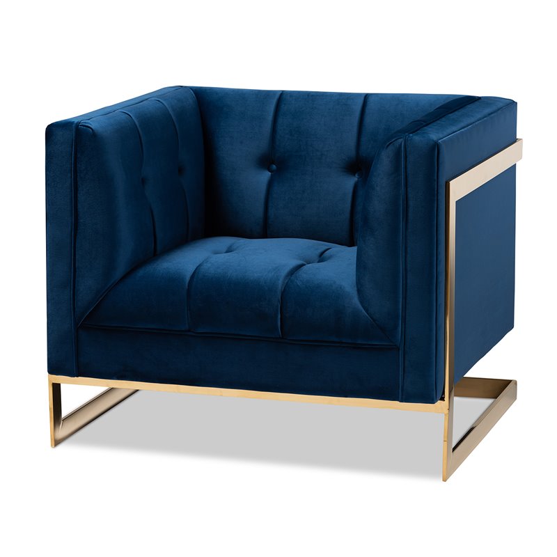 Bowery Hill Velvet Fabric with Gold Finish Accent Chair in Royal Blue