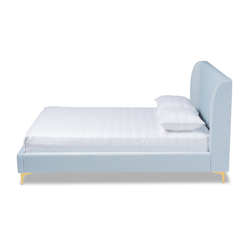 Bowery Hill Modern Velvet Upholstered Queen Platform Bed in Light Blue