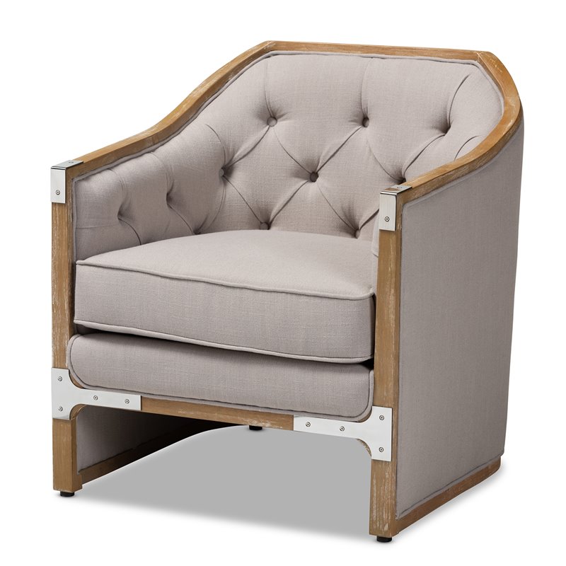 Bowery Hill Fabric and White Washed Oak Wood Accent Chair in Gray-Beige