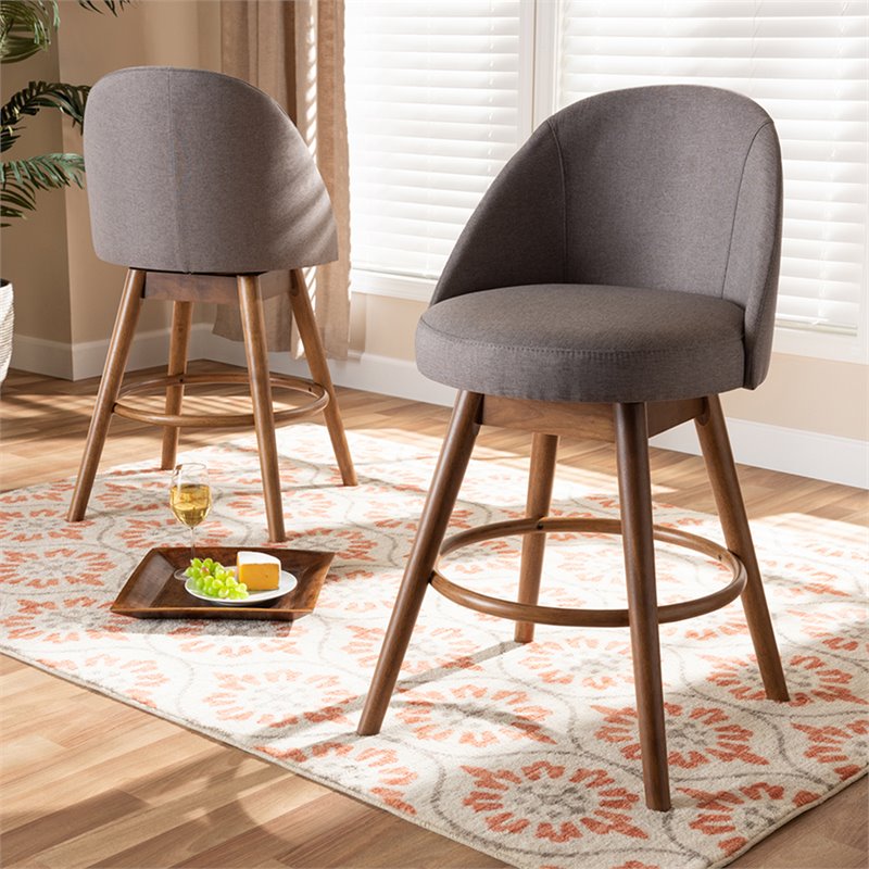 Bowery Hill Gray Upholstered Wood Swivel Counter Stool in Walnut (Set of 2)