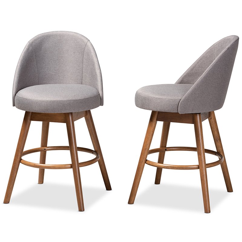 Bowery Hill Gray Upholstered Wood Swivel Counter Stool in Walnut (Set of 2)