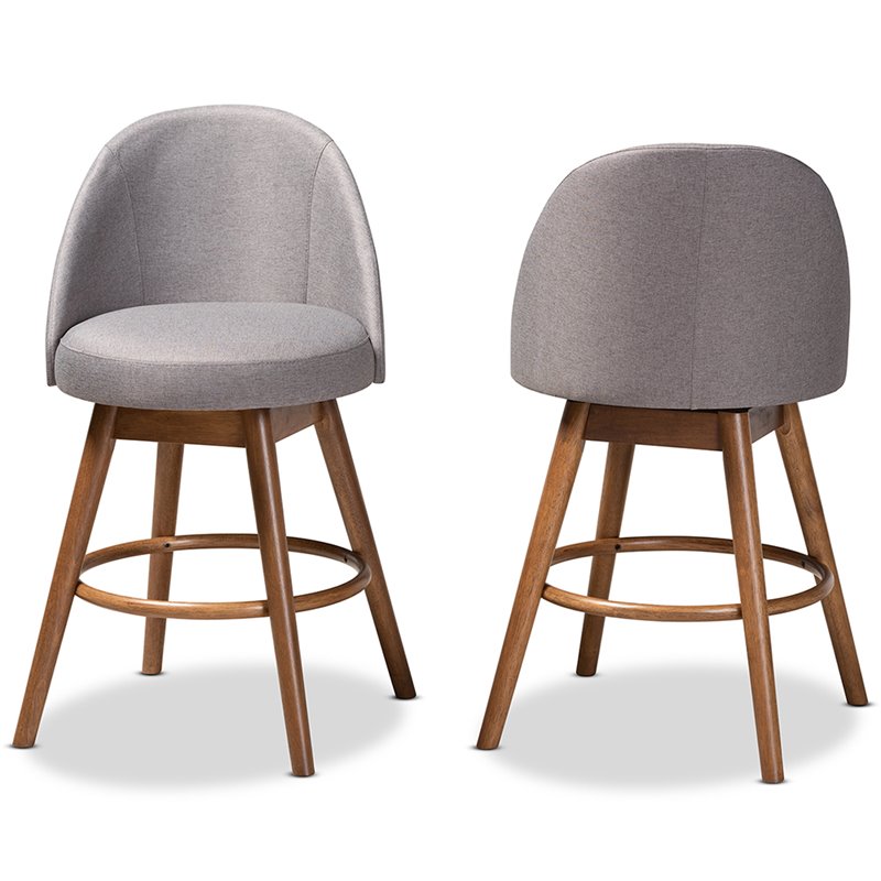 Bowery Hill Gray Upholstered Wood Swivel Counter Stool in Walnut (Set of 2)