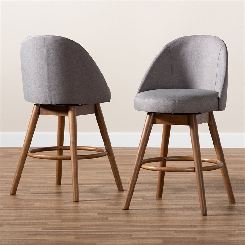 Bowery Hill Gray Upholstered Wood Swivel Counter Stool in Walnut (Set of 2)