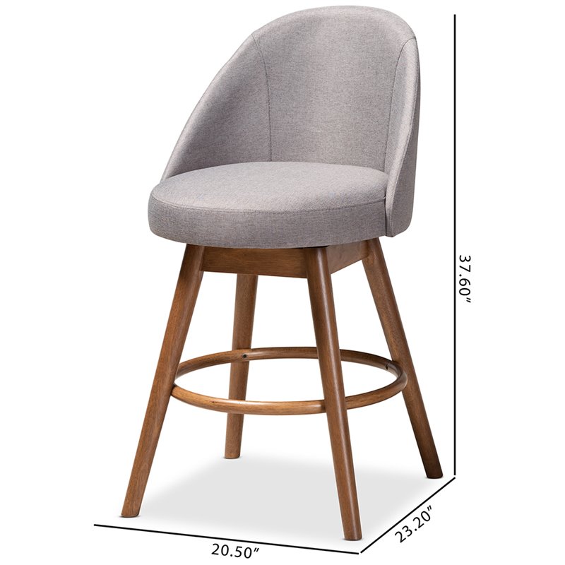 Bowery Hill Gray Upholstered Wood Swivel Counter Stool in Walnut (Set of 2)