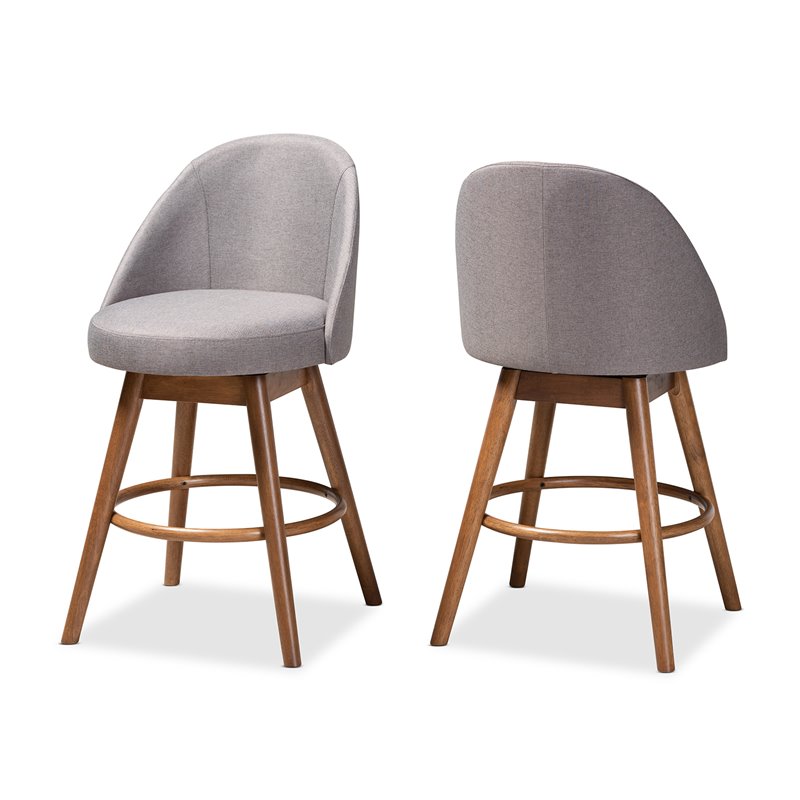 Bowery Hill Gray Upholstered Wood Swivel Counter Stool in Walnut (Set of 2)