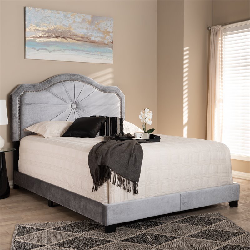 Bowery Hill Contemporary Grey Velvet Fabric Upholstered King Size Bed