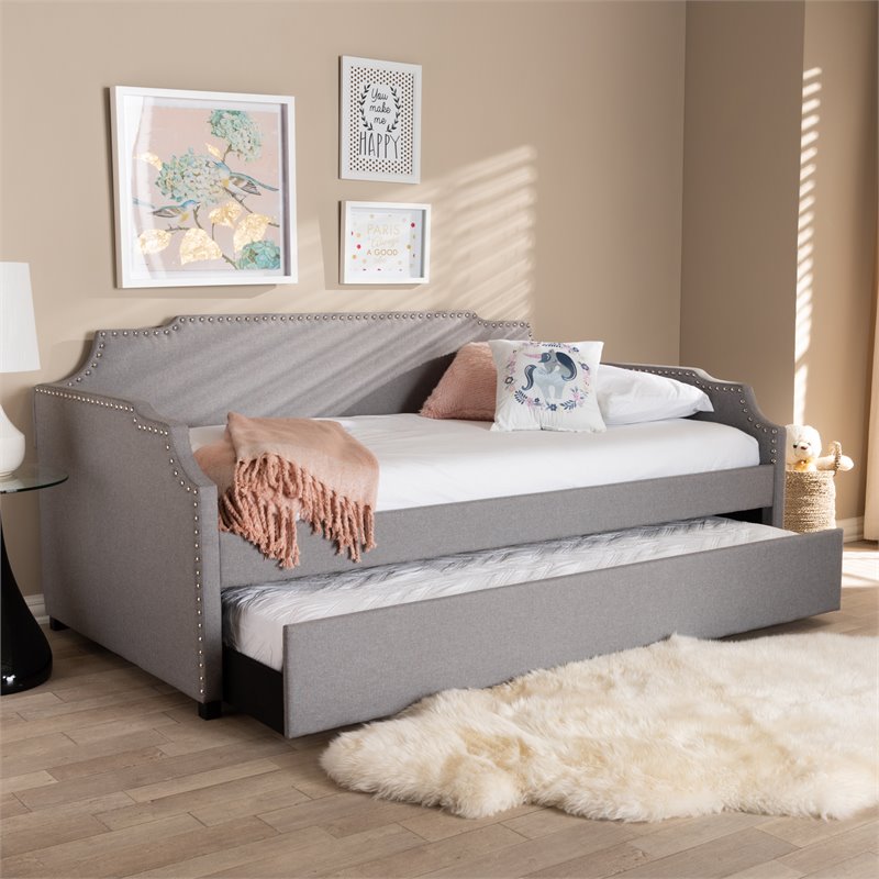 Bowery Hill Fabric Upholstered Twin Size Sofa Daybed with Trundle Bed in Gray