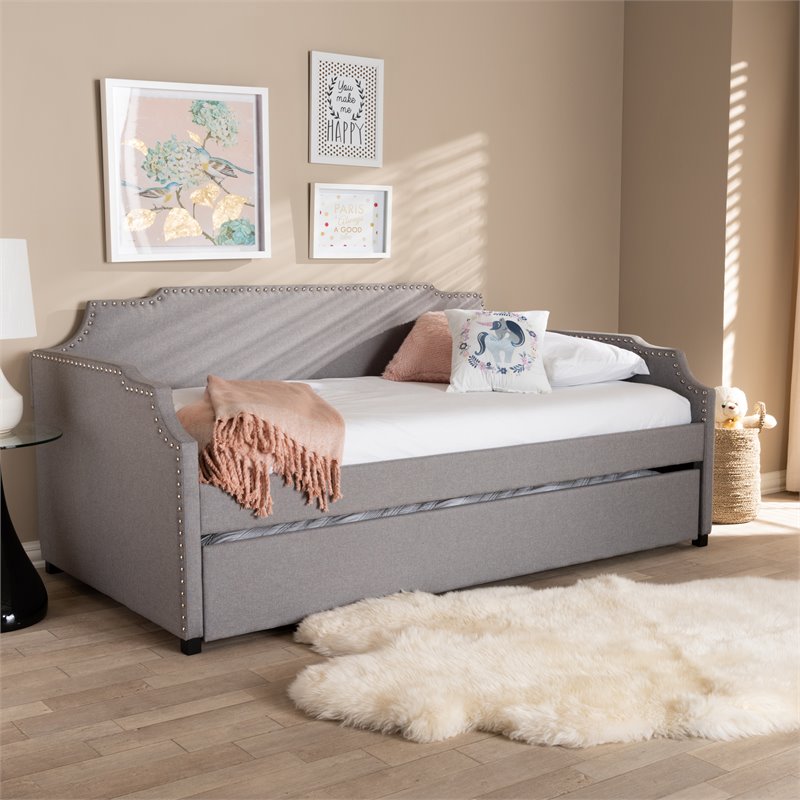 Bowery Hill Fabric Upholstered Twin Size Sofa Daybed with Trundle Bed in Gray