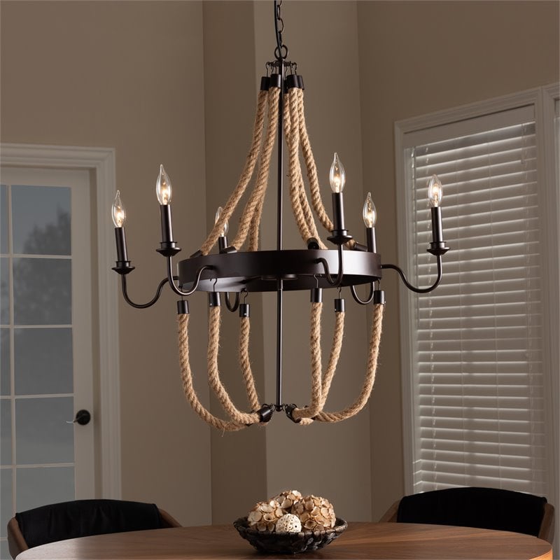 Bowery Hill Industrial Hemp and Dark Bronze Metal 6 Light Chandelier