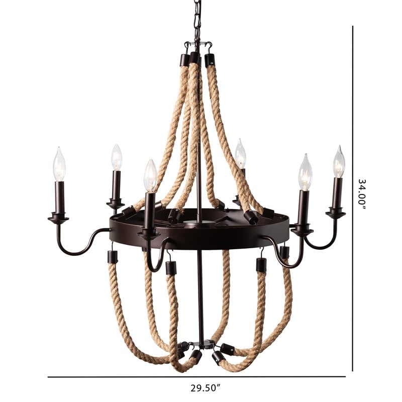 Bowery Hill Industrial Hemp and Dark Bronze Metal 6 Light Chandelier