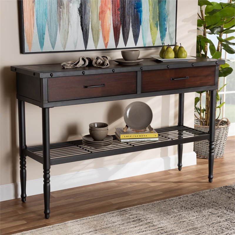 Bowery Hill 2-Drawer Wood and Metal Sideboard Server in Walnut Brown