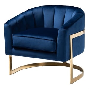 Bowery Hill Velvet Blue/Gold Accent Chair Channel Tufted 28.7&quotH Fully Assembled