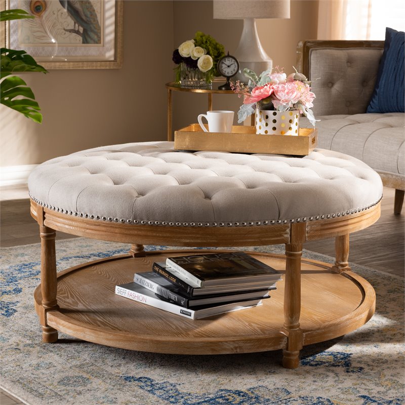 Bowery Hill Tufted Linen Fabric and Washed Wood Coffee Table in Beige