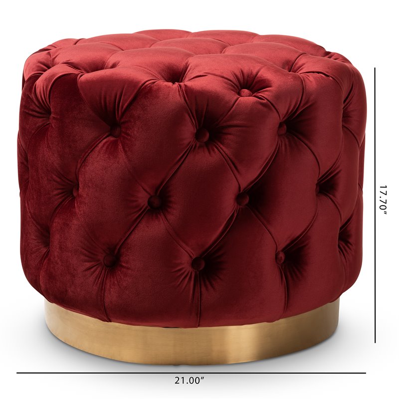 Bowery Hill Modern Tufted Velvet Ottoman in Red and Gold