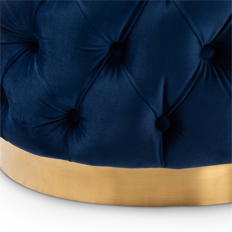 Bowery Hill Modern Tufted Velvet Ottoman in Navy Blue and Gold
