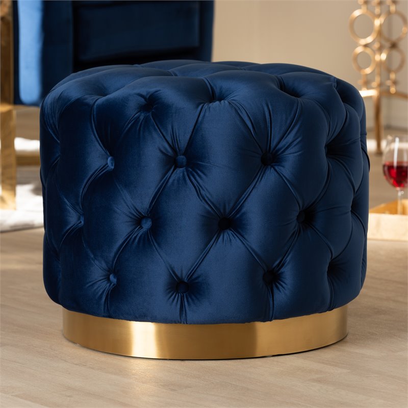 Bowery Hill Modern Tufted Velvet Ottoman in Navy Blue and Gold