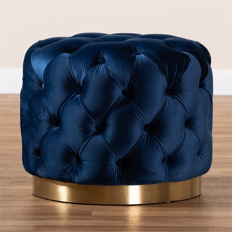 Bowery Hill Modern Tufted Velvet Ottoman in Navy Blue and Gold