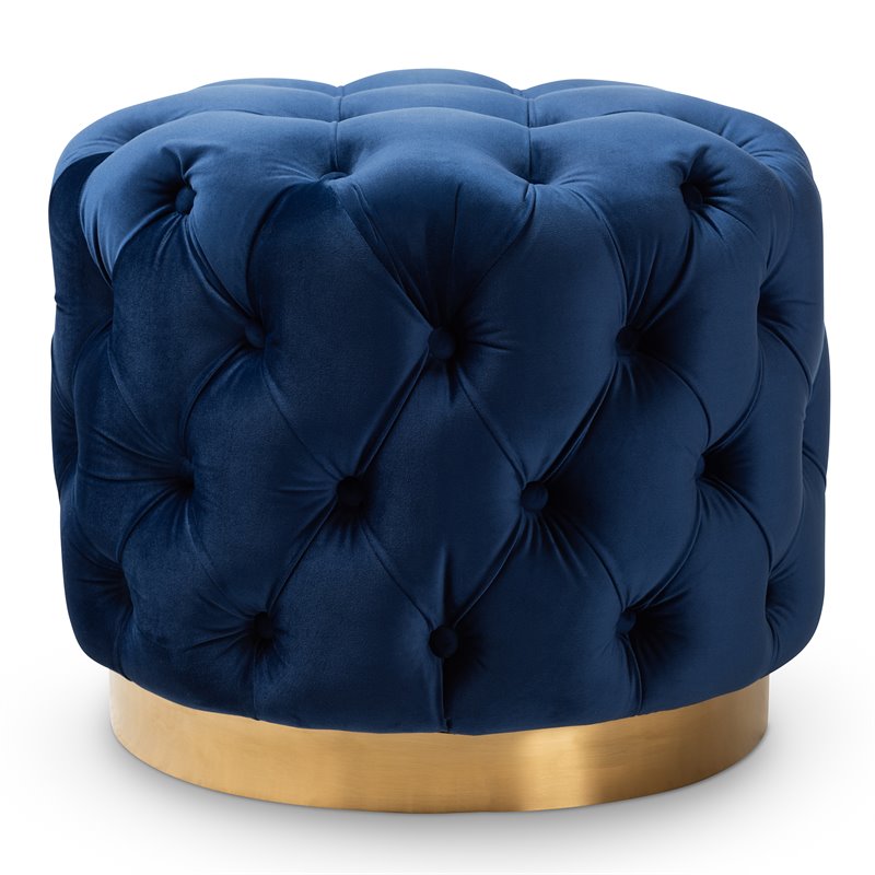 Bowery Hill Modern Tufted Velvet Ottoman in Navy Blue and Gold