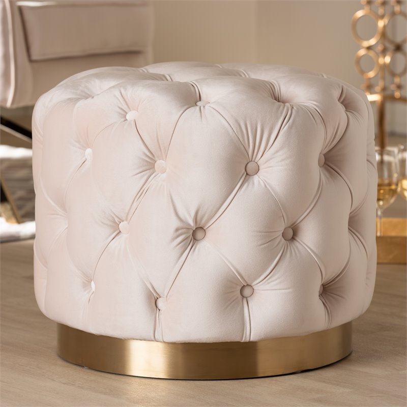 Bowery Hill Modern Tufted Velvet Ottoman in Light Beige and Gold