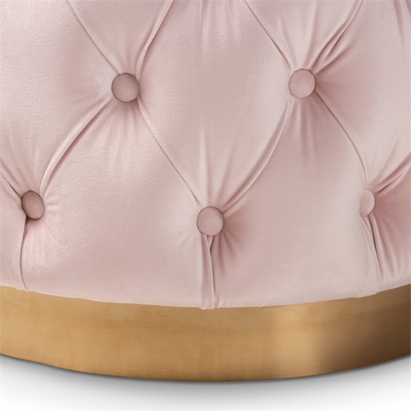 Bowery Hill Modern Tufted Velvet Ottoman in Light Pink and Gold