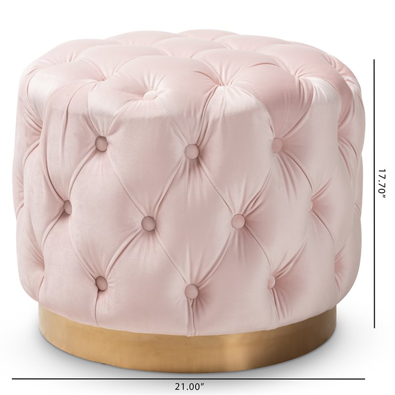 Bowery Hill Modern Tufted Velvet Ottoman in Light Pink and Gold