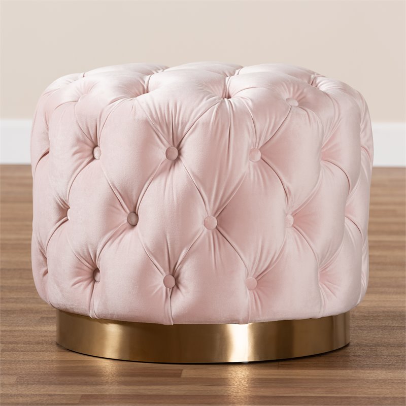 Bowery Hill Modern Tufted Velvet Ottoman in Light Pink and Gold