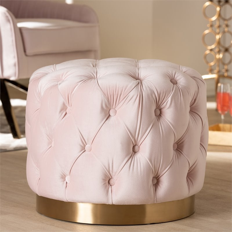 Bowery Hill Modern Tufted Velvet Ottoman in Light Pink and Gold