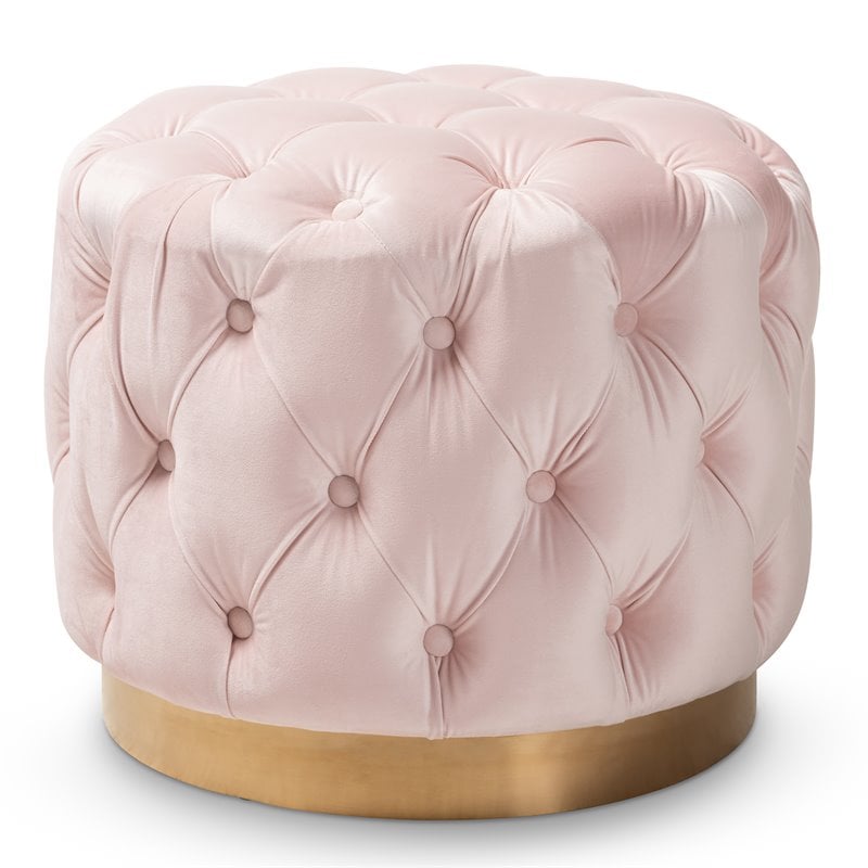 Bowery Hill Modern Tufted Velvet Ottoman in Light Pink and Gold