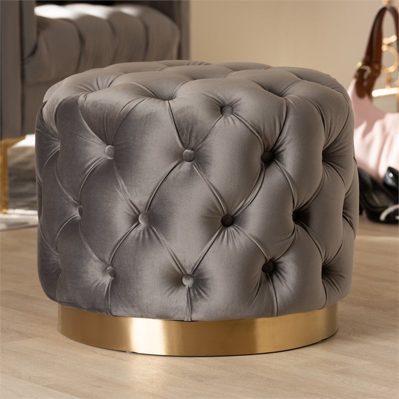 Bowery Hill Modern Tufted Velvet Ottoman in Gray and Gold